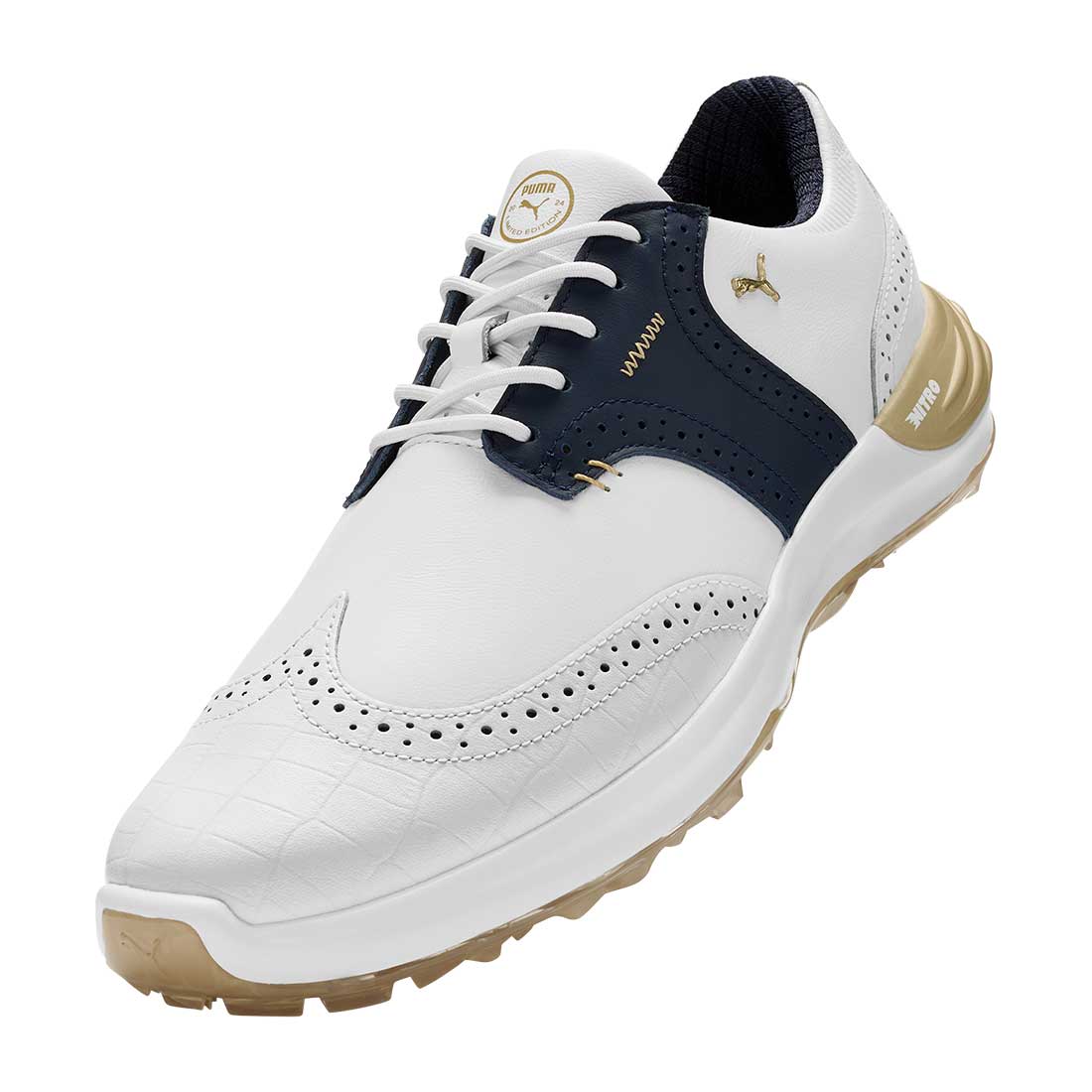 Puma PhantomCat Nitro Gator Golf Shoes White/Deep Navy/Gold – Golf