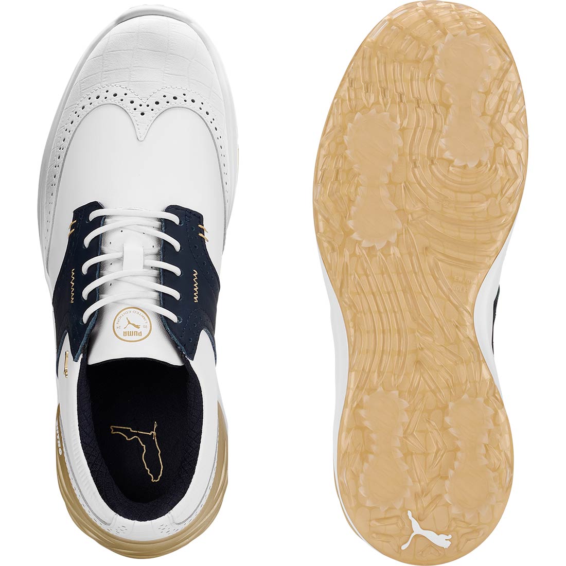 Puma PhantomCat Nitro Gator Golf Shoes White/Deep Navy/Gold
